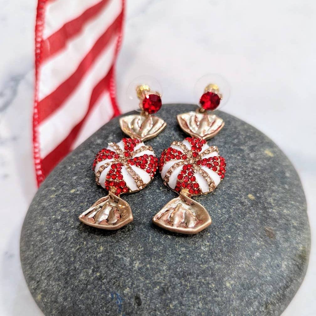 Holiday Sparkle Red and White Peppermint Dangle Post Earrings Christmas