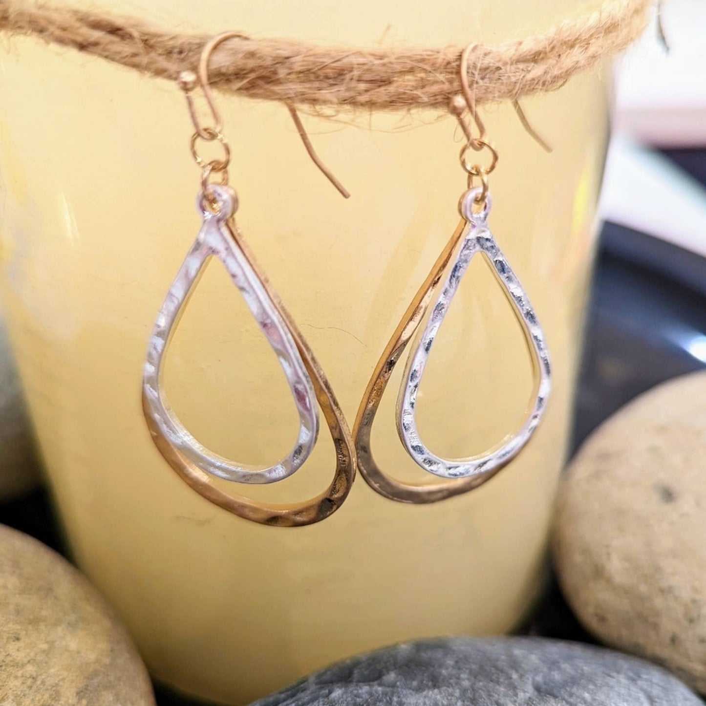 Hammered Gold and Silver Teardrop Hoop Hook Earrings