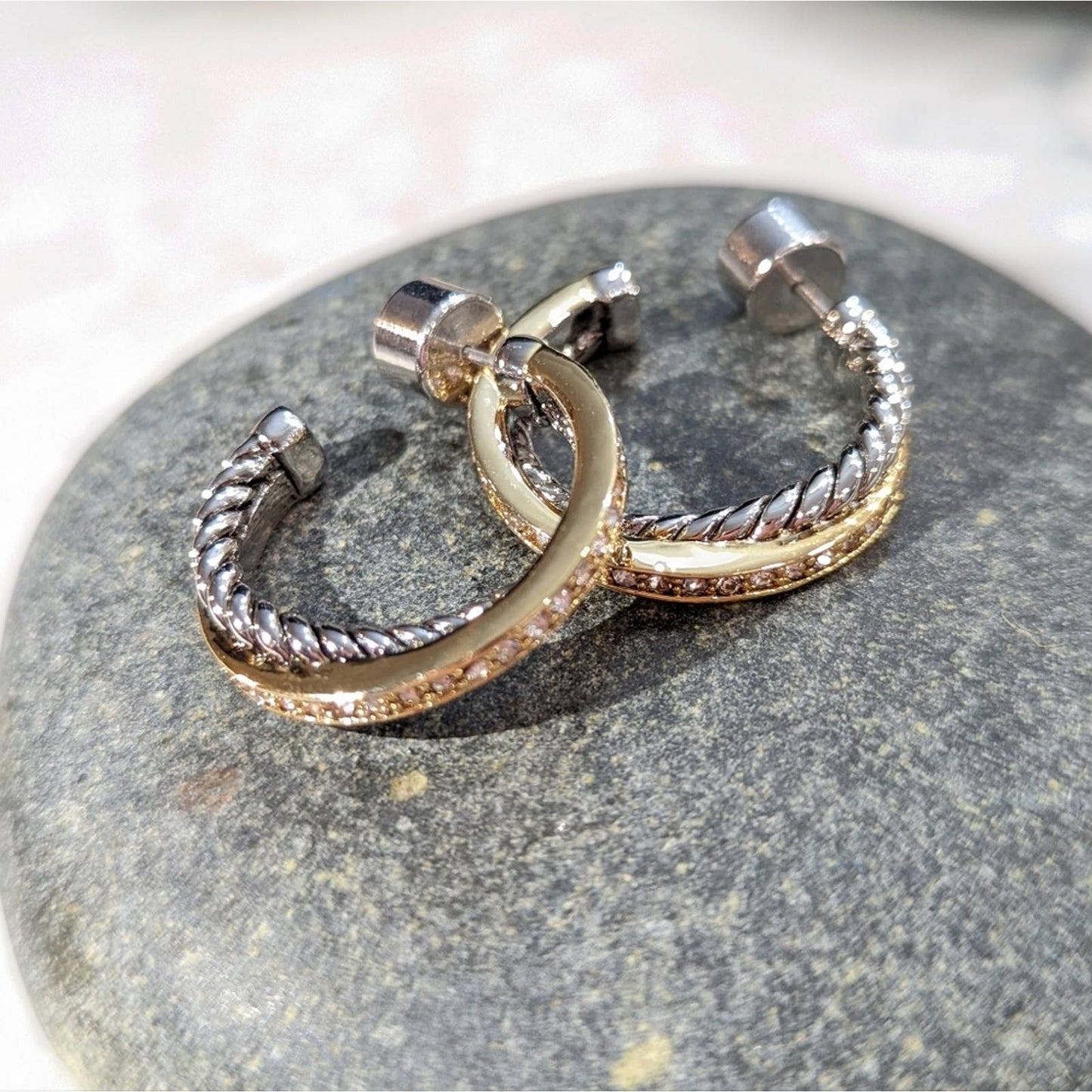 GOLD SILVER Two Tone Sparkle Twisted Rope Hoop Earrings