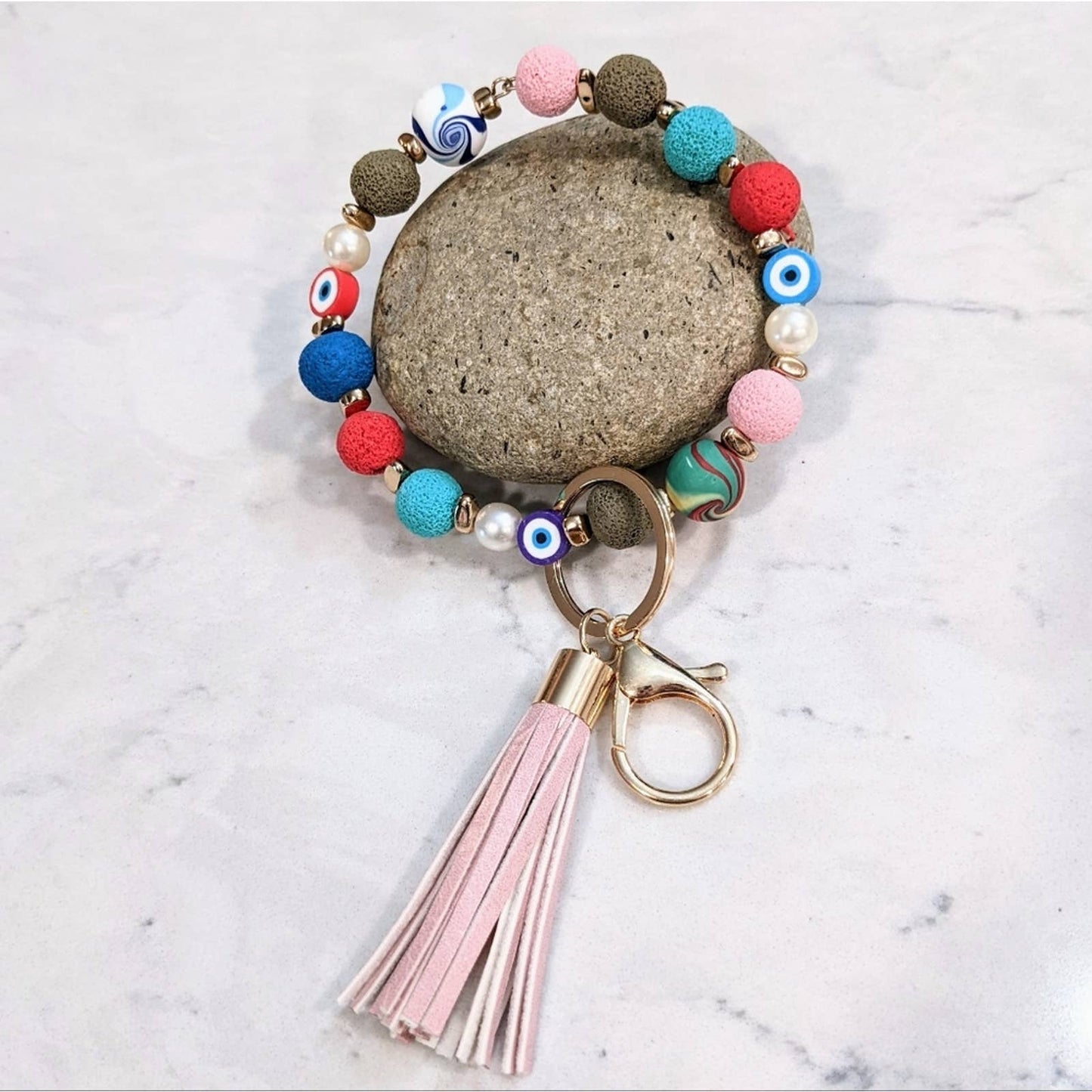 Beady Eyed Beaded Tassel Hoop Style Gold Tone Keychain