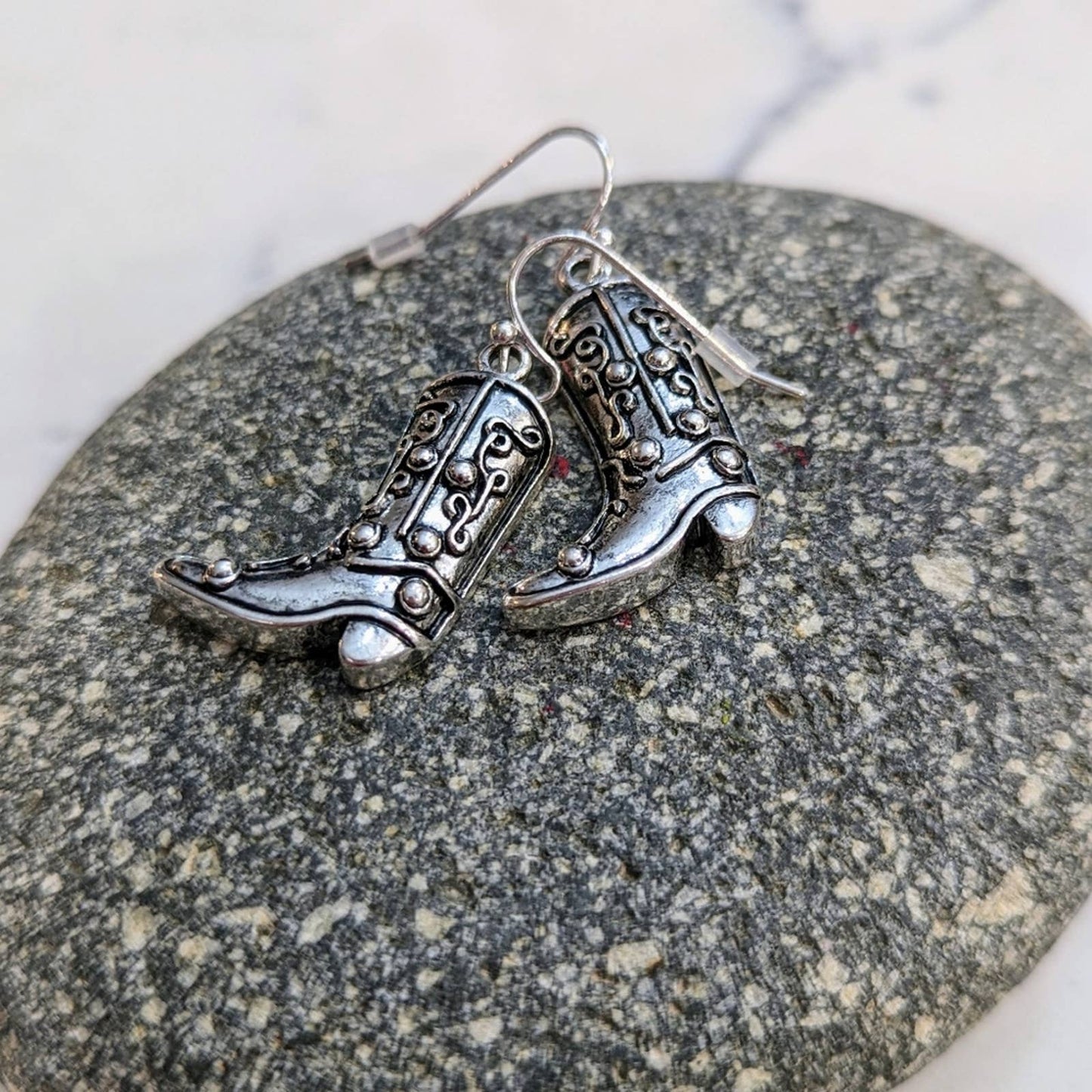 Silver Western Cowgirl Cowboy Boot Hook Earrings with a Distressed Look