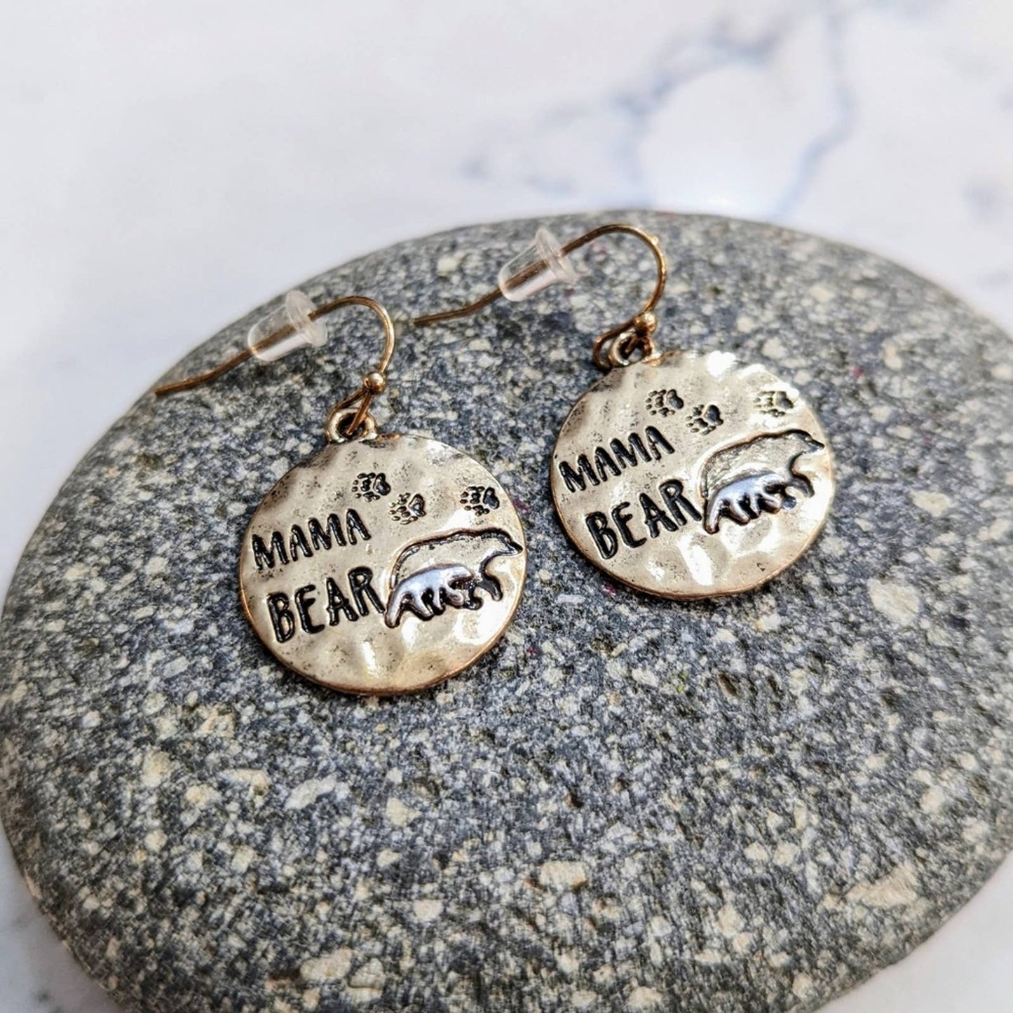 Mama Bear Bronze Silver Two-Tone Hammered Metal Disk Earrings