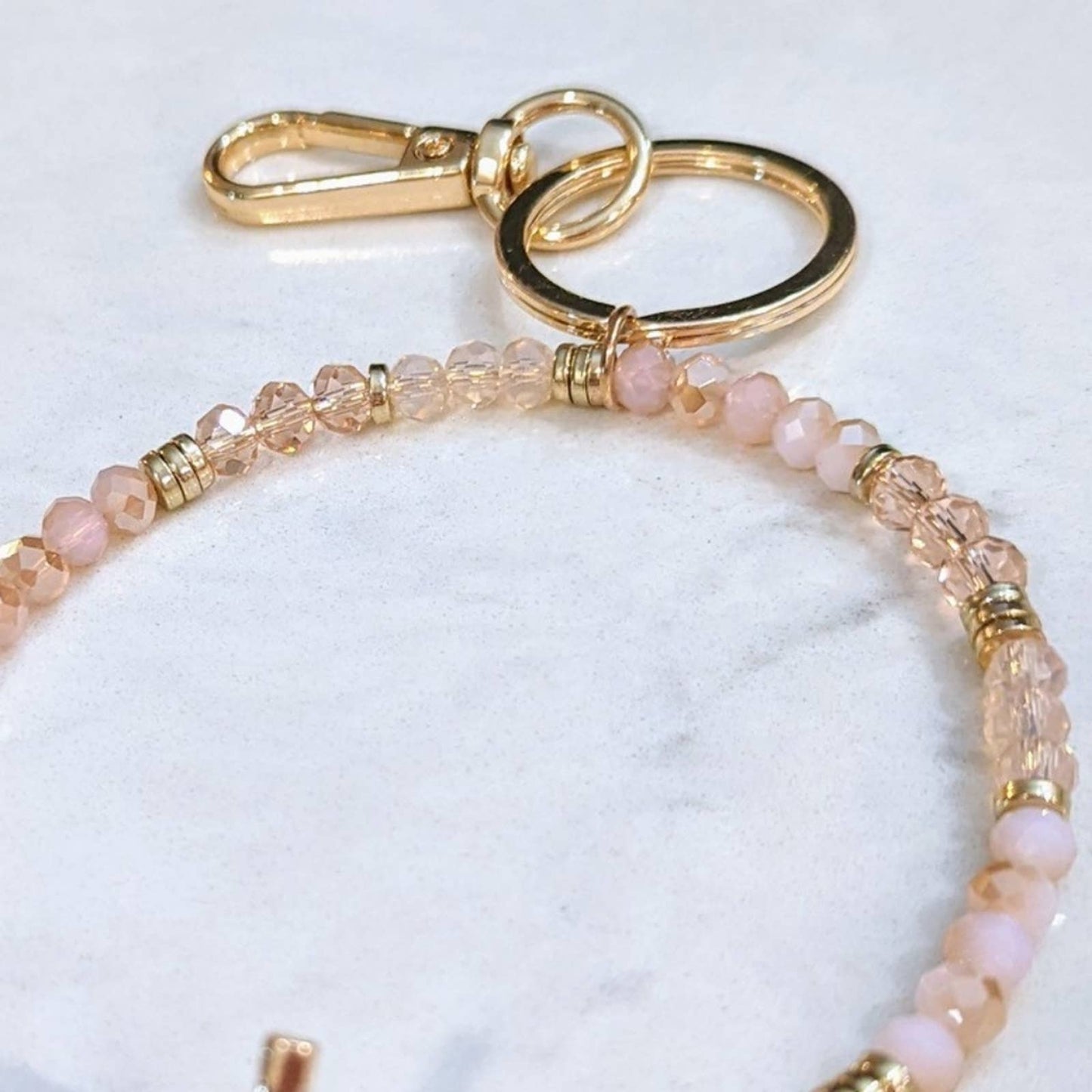 GOLD TONE CROSS Pink Glass Bead Bracelet Style Hoop Key Chain with Closed Hook