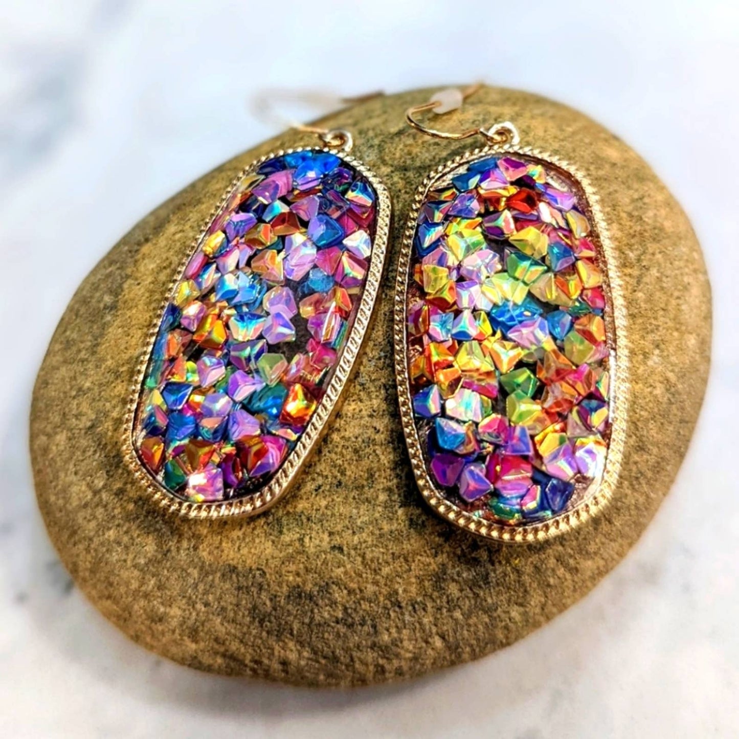 RAINBOW Gem Gold Rimmed Oval Resin Faceted Sparkle Hook Earrings