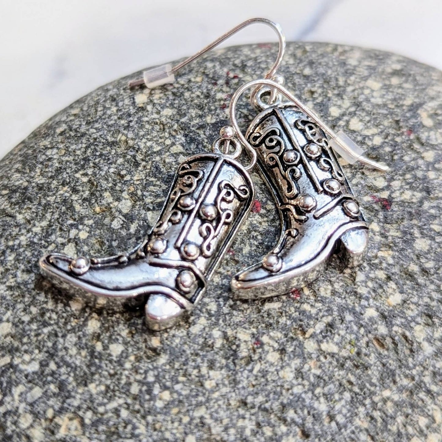 Silver Western Cowgirl Cowboy Boot Hook Earrings with a Distressed Look