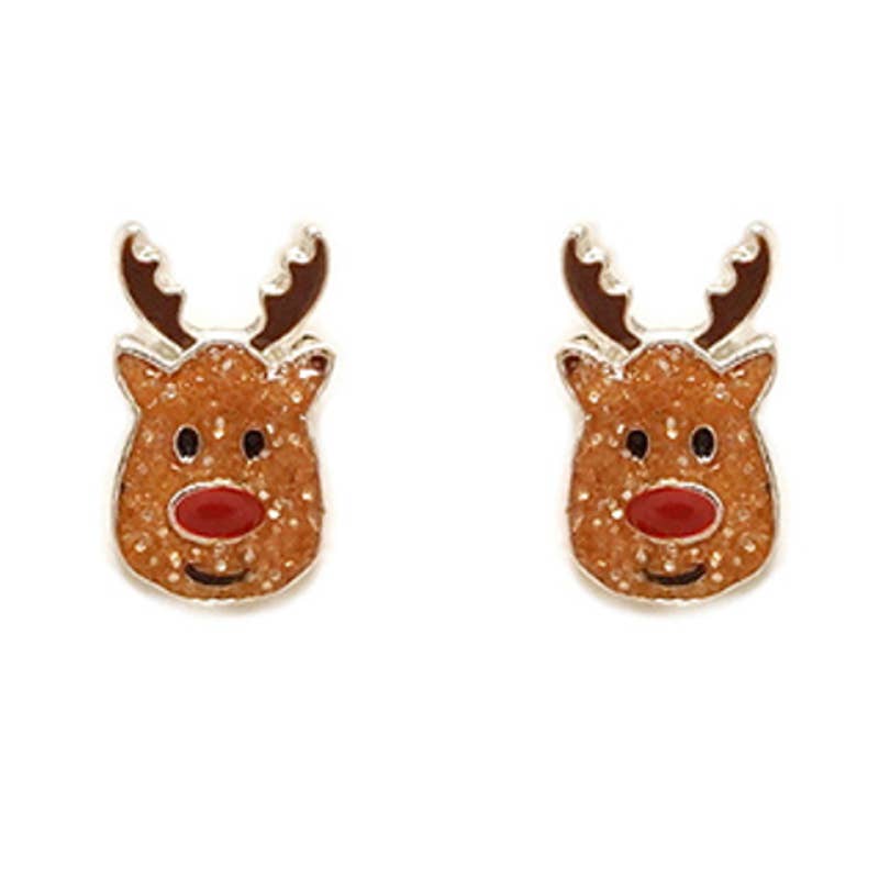 Christmas Set of Glitter Post Earrings Gift, Rudolph, Trees 3 Pair