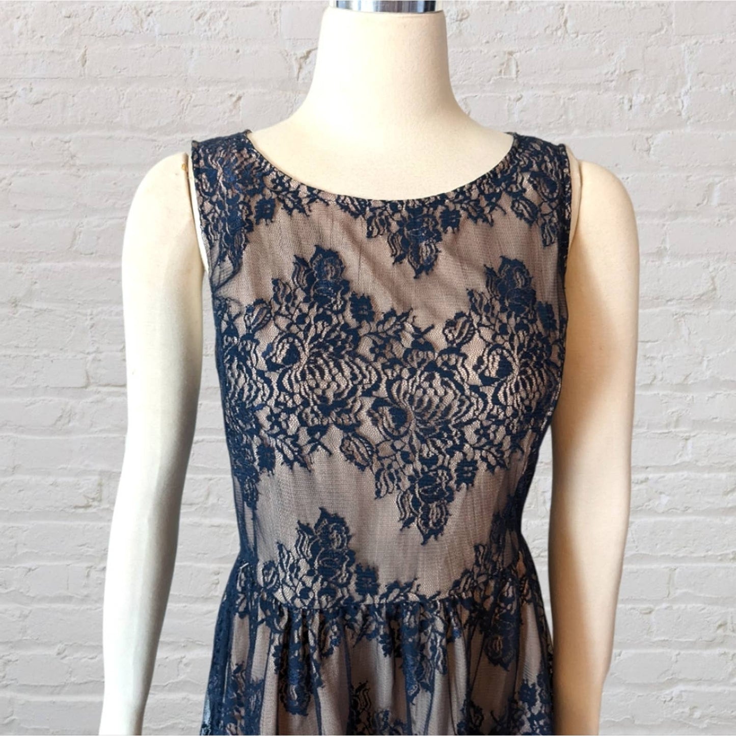 FOREVER 21 Navy Blue Lace Party Dress with Tan Lining Large