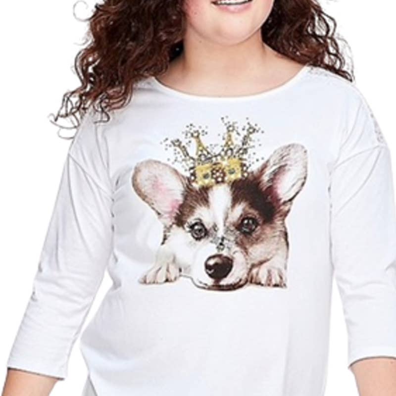 JUSTICE GIRLS 14/16 PLUS White 3/4 Long Sleeve Lace Tee Dog with Crown NEW