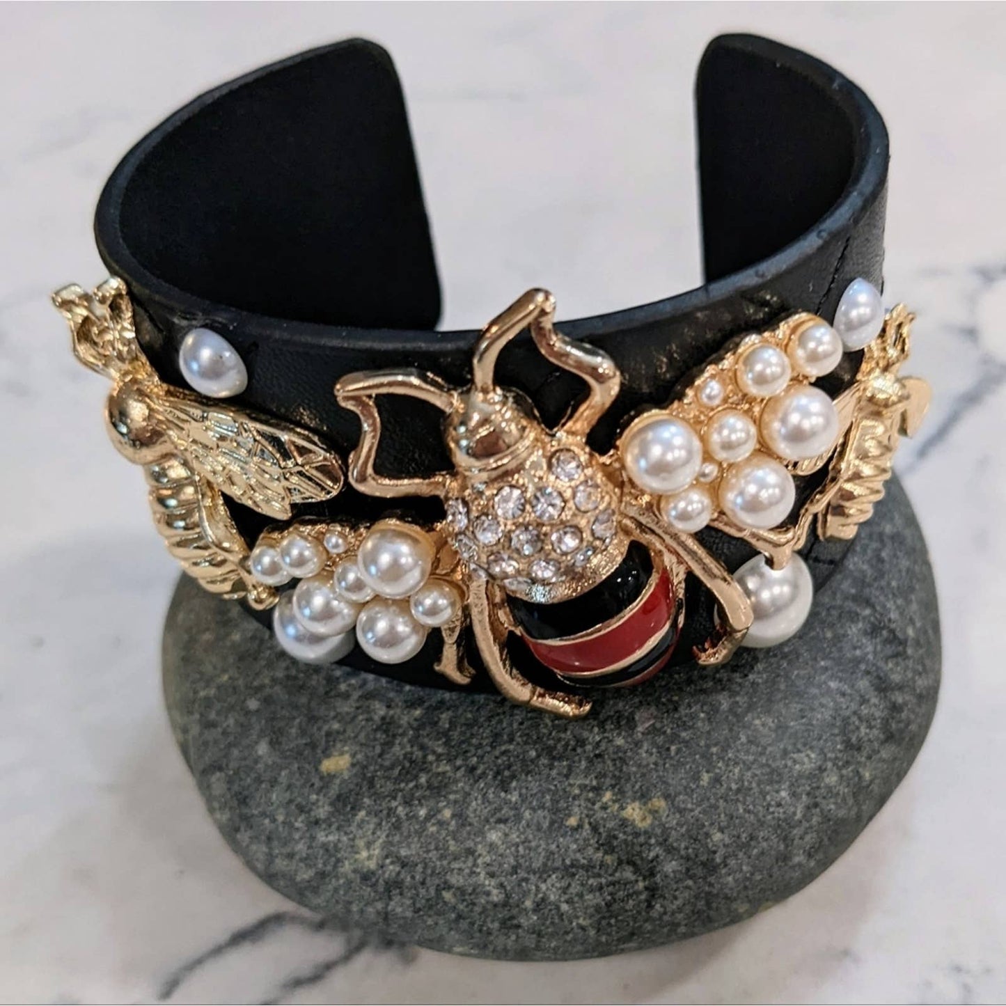 Quilted Bracelet Style Cuff Featuring Gold Tone Sparkle Bees