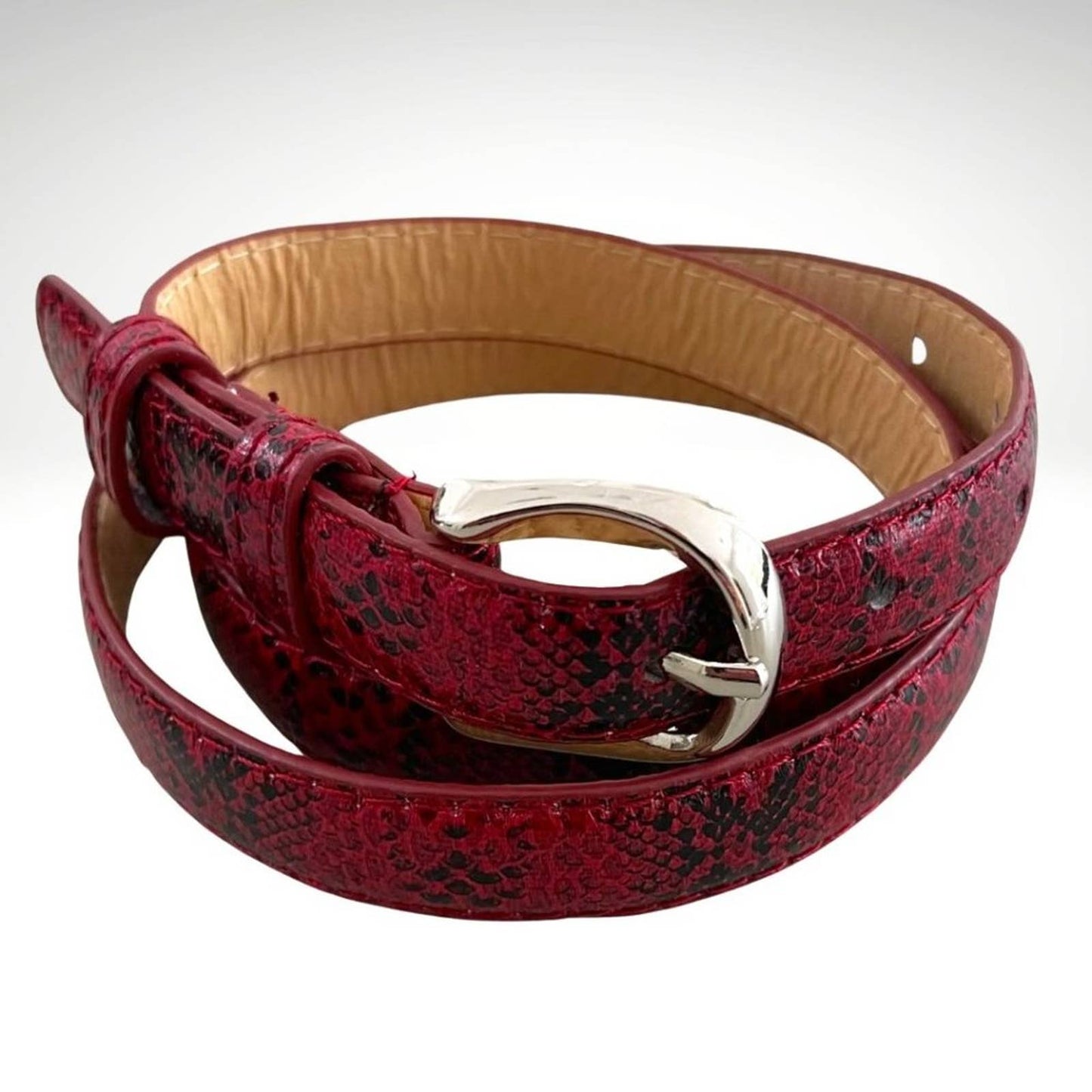 Red Textured Faux Snakeskin Textured Women's Belt with Gold Tone Hardware