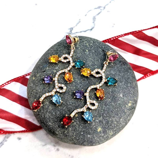 Holiday Lights Long Gold Dangle Post Earrings for Christmas