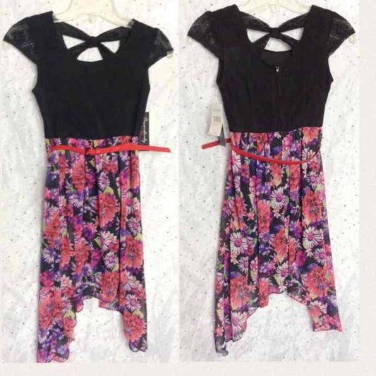 DISORDERLY KIDS Black Pink Floral Sharkbite Hem Dress Girls 10 NEW