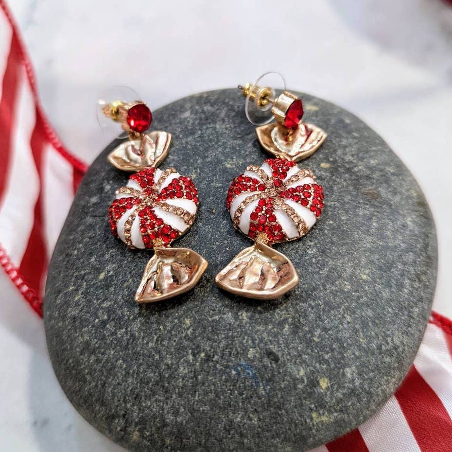 Holiday Sparkle Red and White Peppermint Dangle Post Earrings Christmas