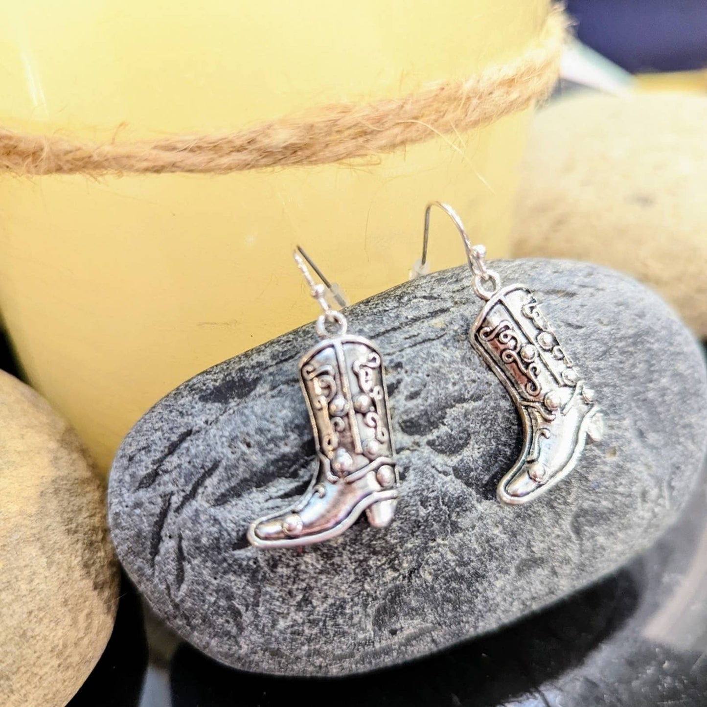Silver Western Cowgirl Cowboy Boot Hook Earrings with a Distressed Look