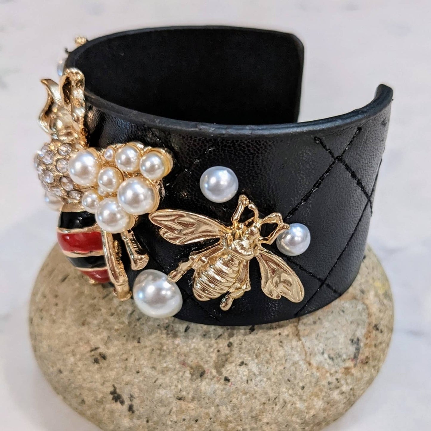 Quilted Bracelet Style Cuff Featuring Gold Tone Sparkle Bees