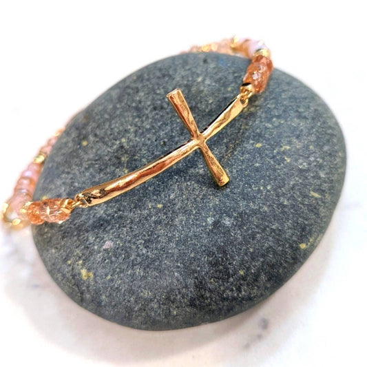 GOLD TONE CROSS Pink Glass Bead Bracelet Style Hoop Key Chain with Closed Hook