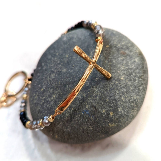 GOLD TONE HAMMERED CROSS Black Gray Glass Bead Bracelet Style Hoop Key Chain