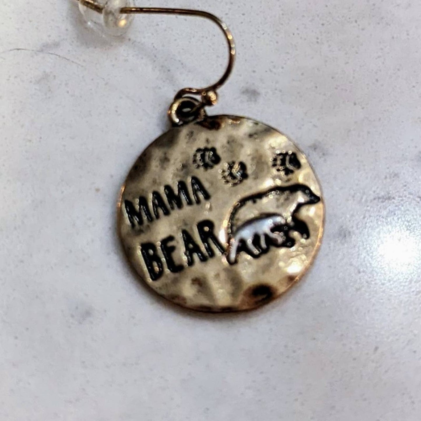 Mama Bear Bronze Silver Two-Tone Hammered Metal Disk Earrings