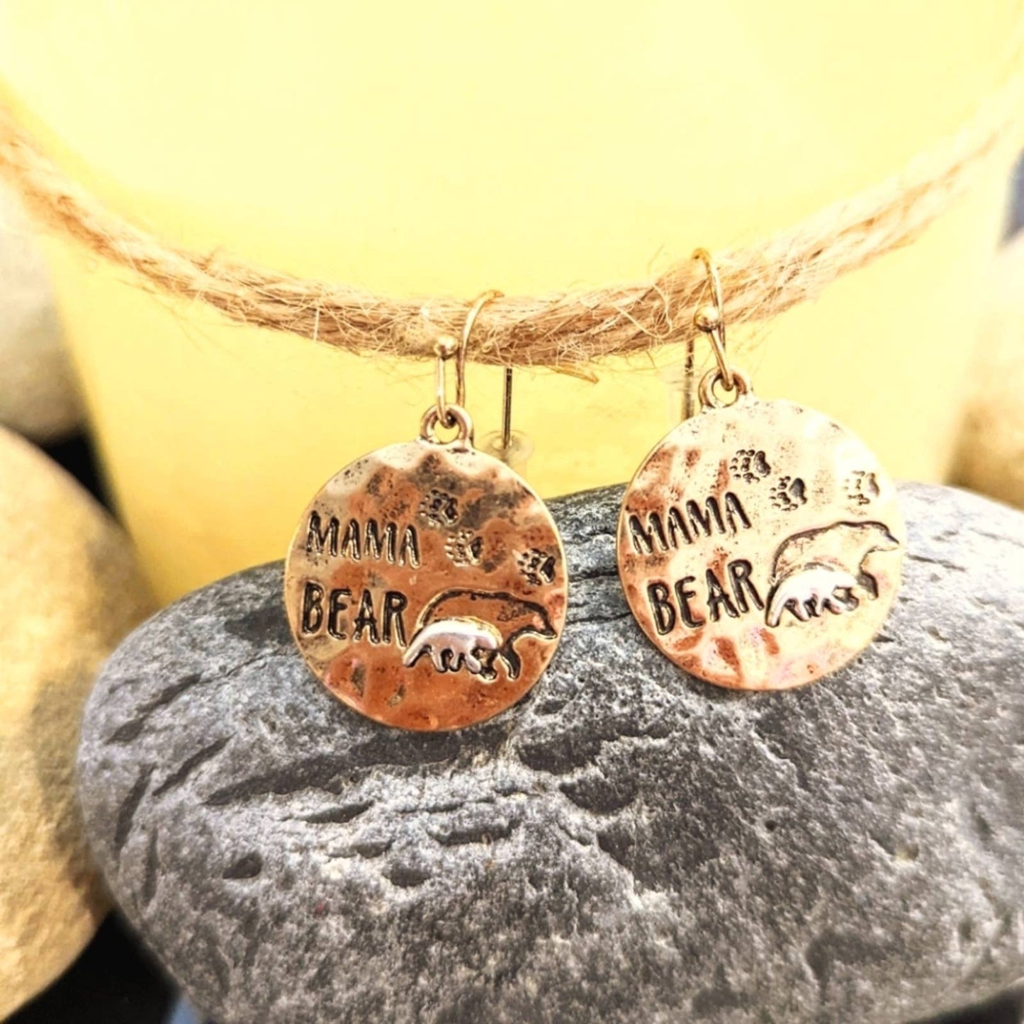 Mama Bear Bronze Silver Two-Tone Hammered Metal Disk Earrings