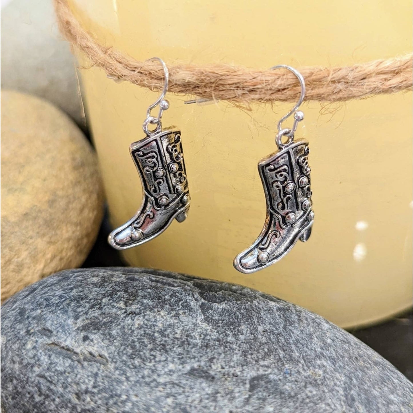 Silver Western Cowgirl Cowboy Boot Hook Earrings with a Distressed Look