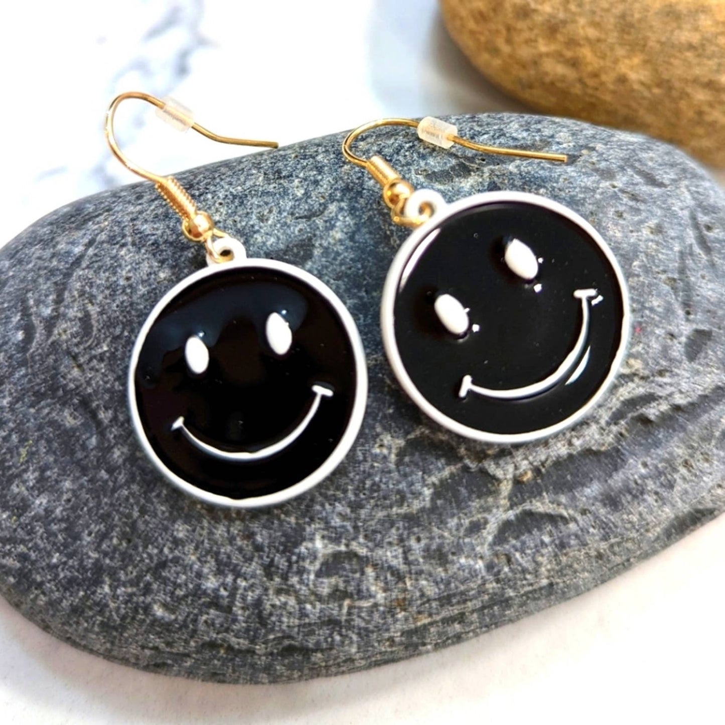 HAPPY FACE Black and White Hook Earrings Smile Have a Nice Day