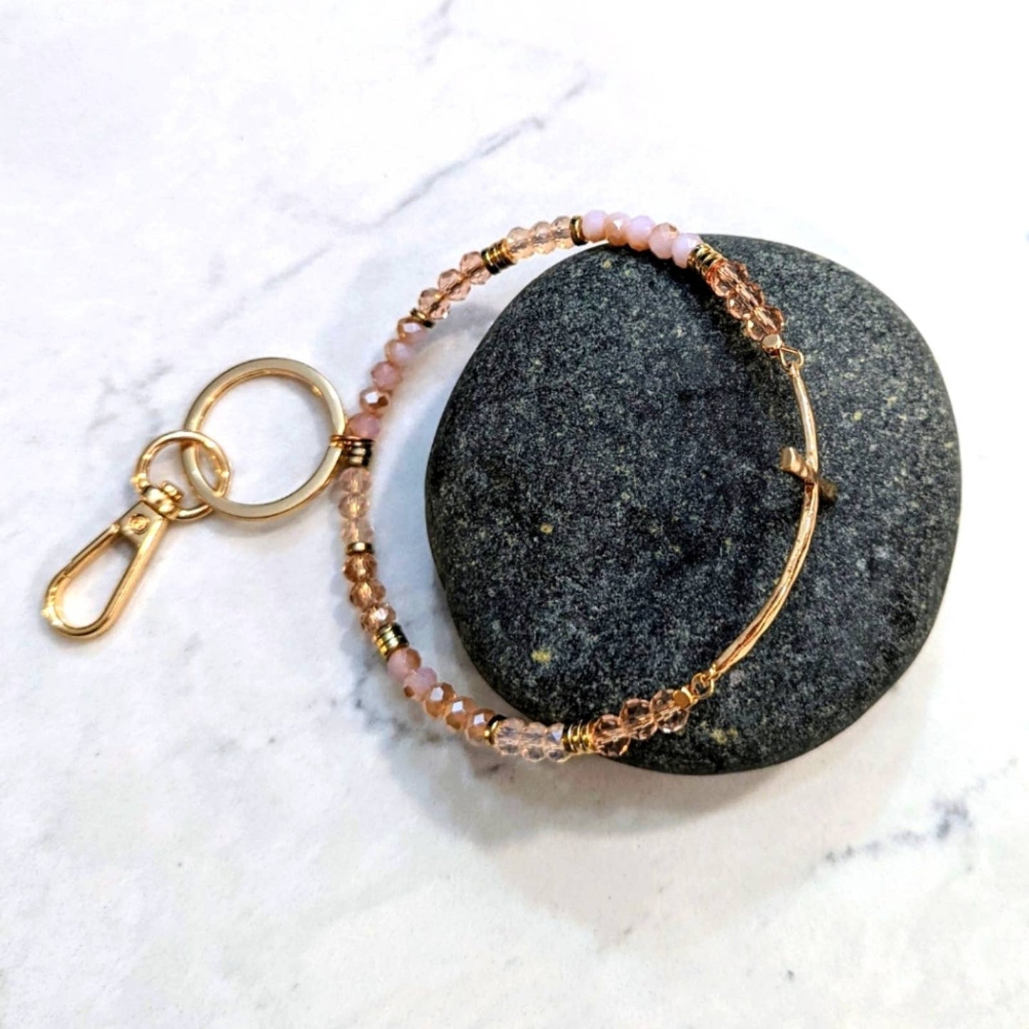 GOLD TONE CROSS Pink Glass Bead Bracelet Style Hoop Key Chain with Closed Hook