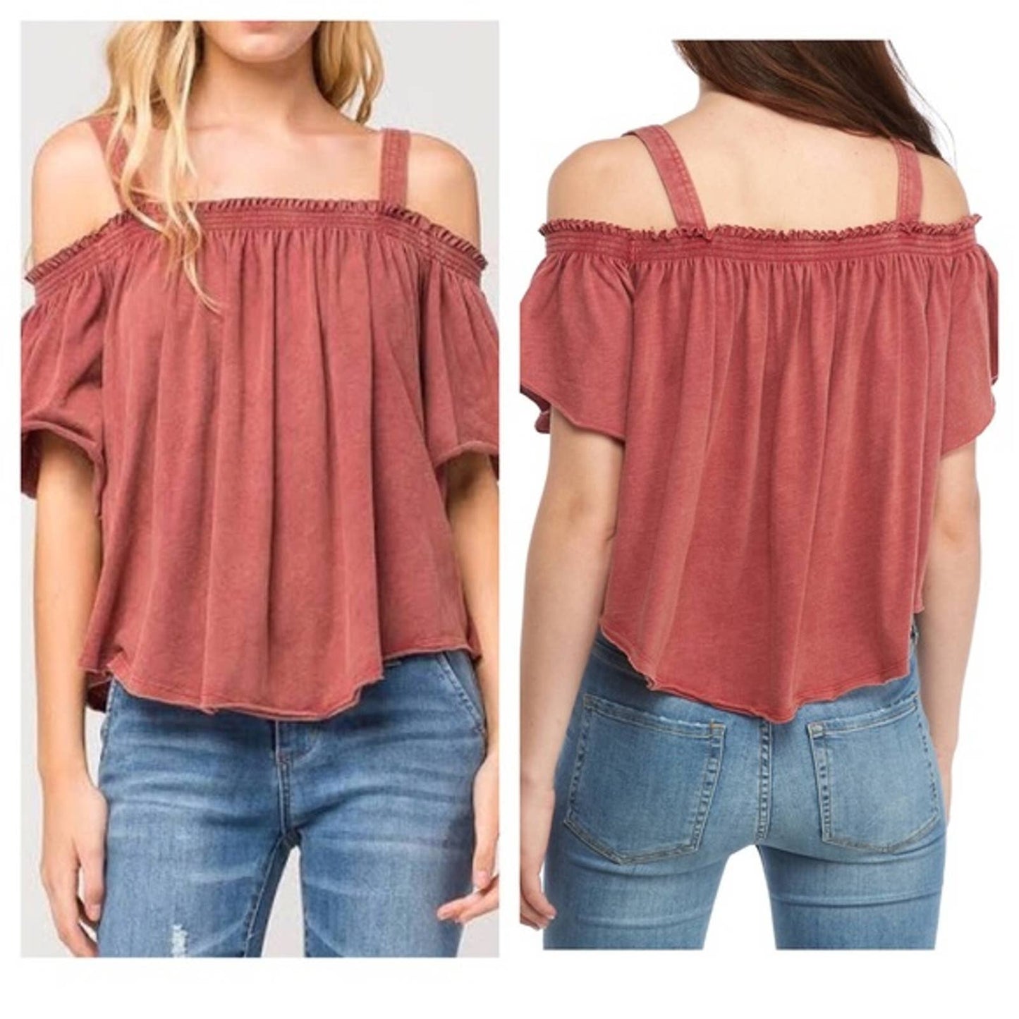 FREE PEOPLE Red Cold Shoulder Distressed Top Large NEW