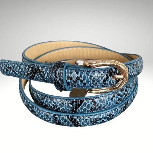 Blue Textured Faux Snakeskin Women's Belt with Gold Tone Hardware