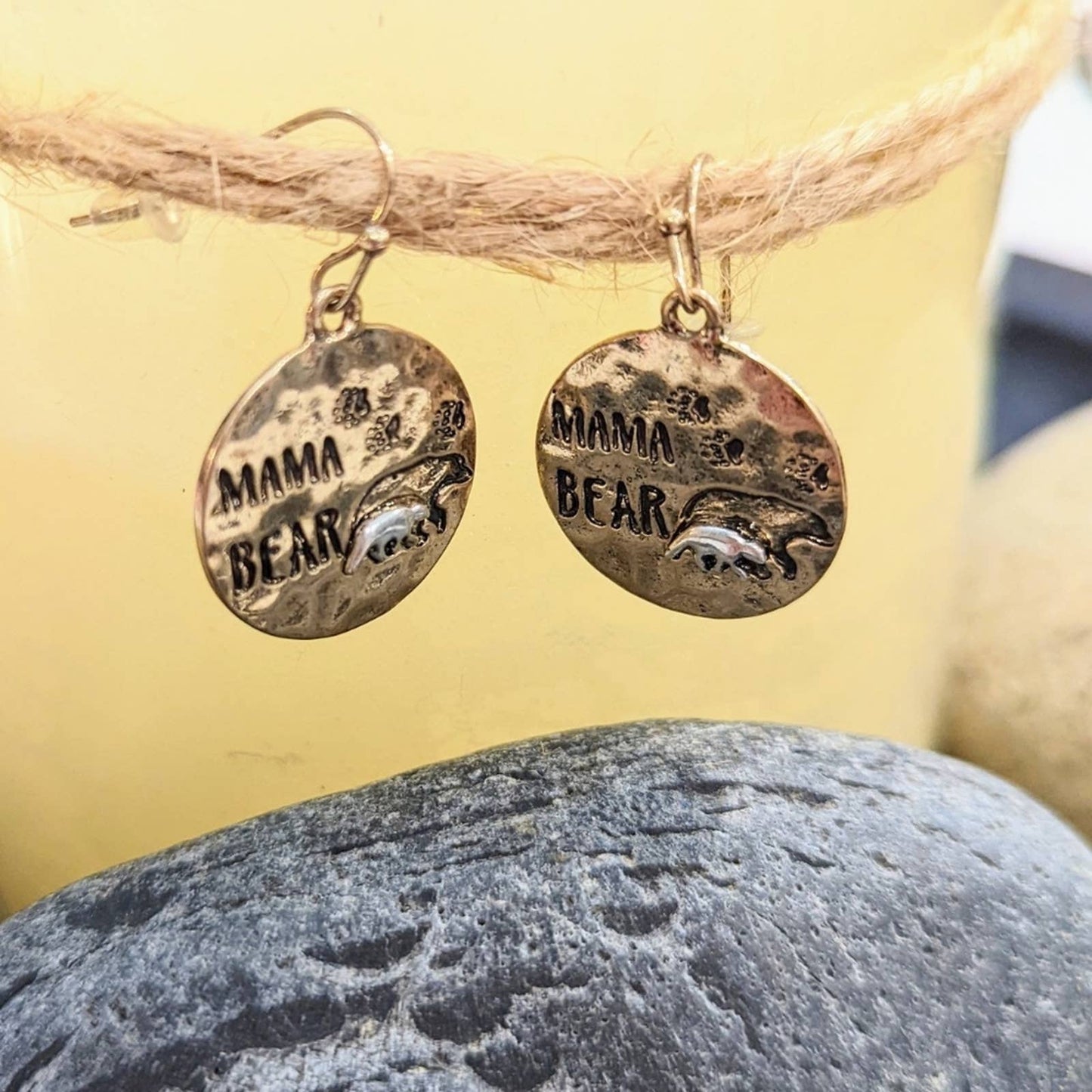 Mama Bear Bronze Silver Two-Tone Hammered Metal Disk Earrings