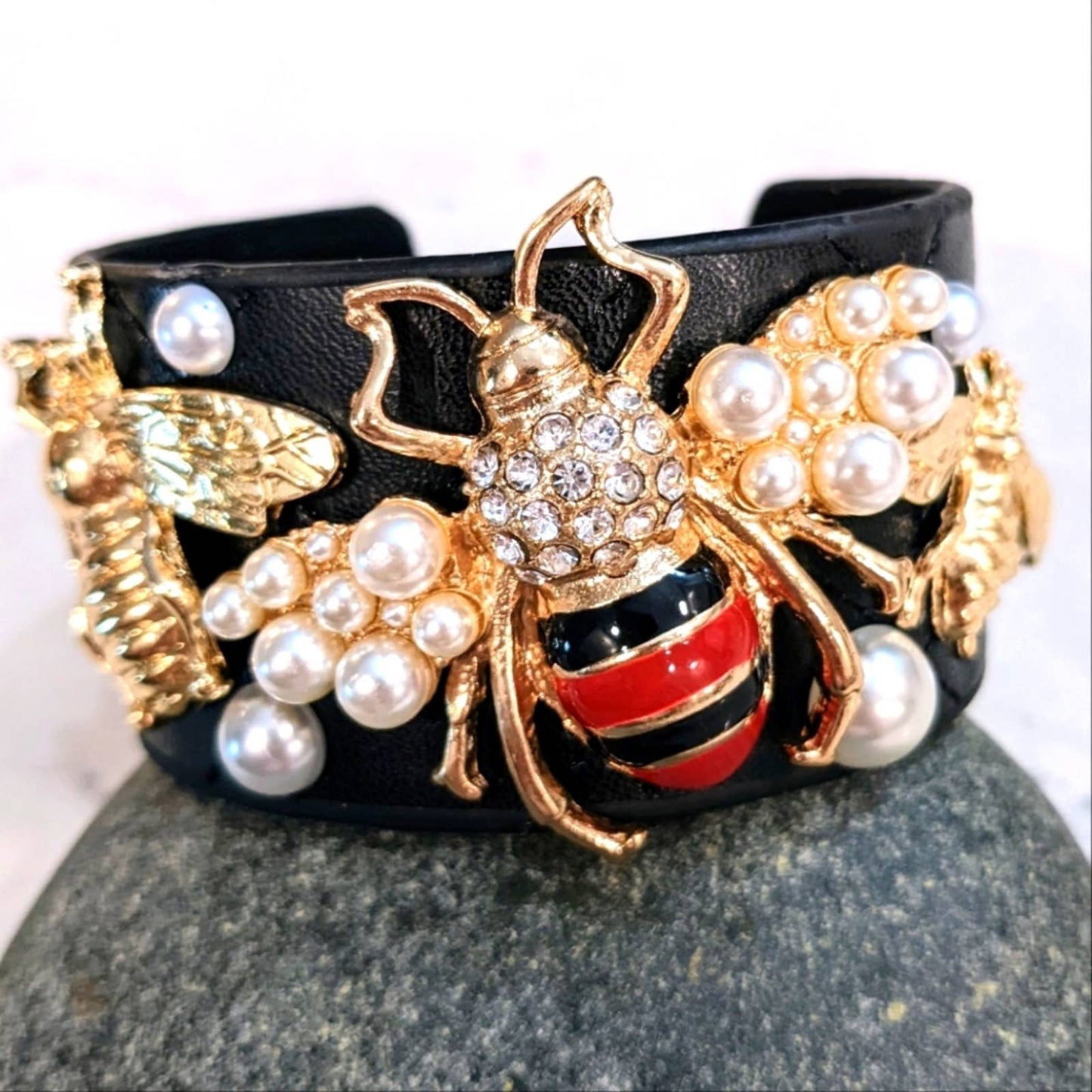 Quilted Bracelet Style Cuff Featuring Gold Tone Sparkle Bees