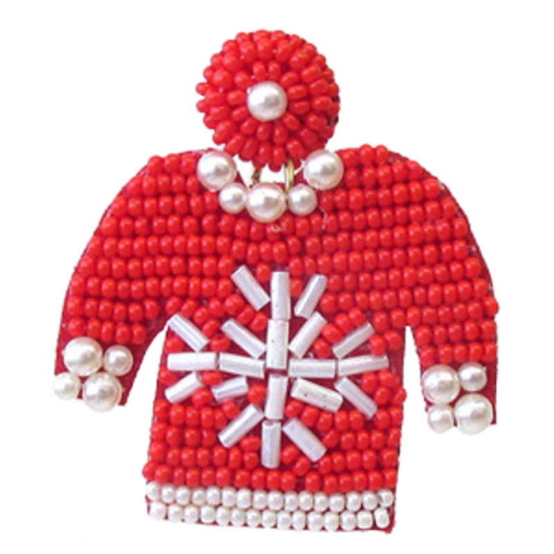 Holiday Red Beaded Snowflake "Ugly Sweater" Drop Earrings