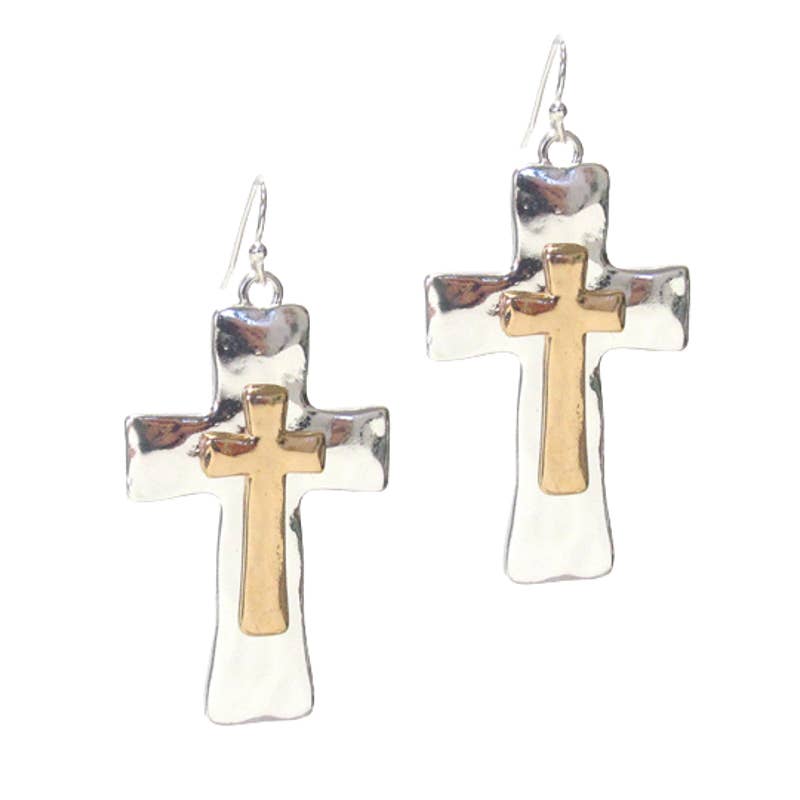 Hammered Metal Two Tone Large Dangle Crosses