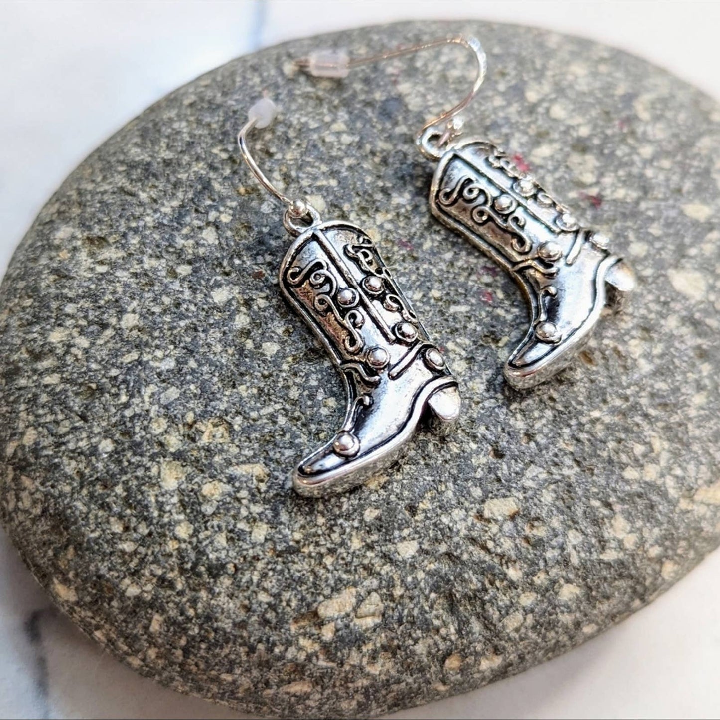 Silver Western Cowgirl Cowboy Boot Hook Earrings with a Distressed Look