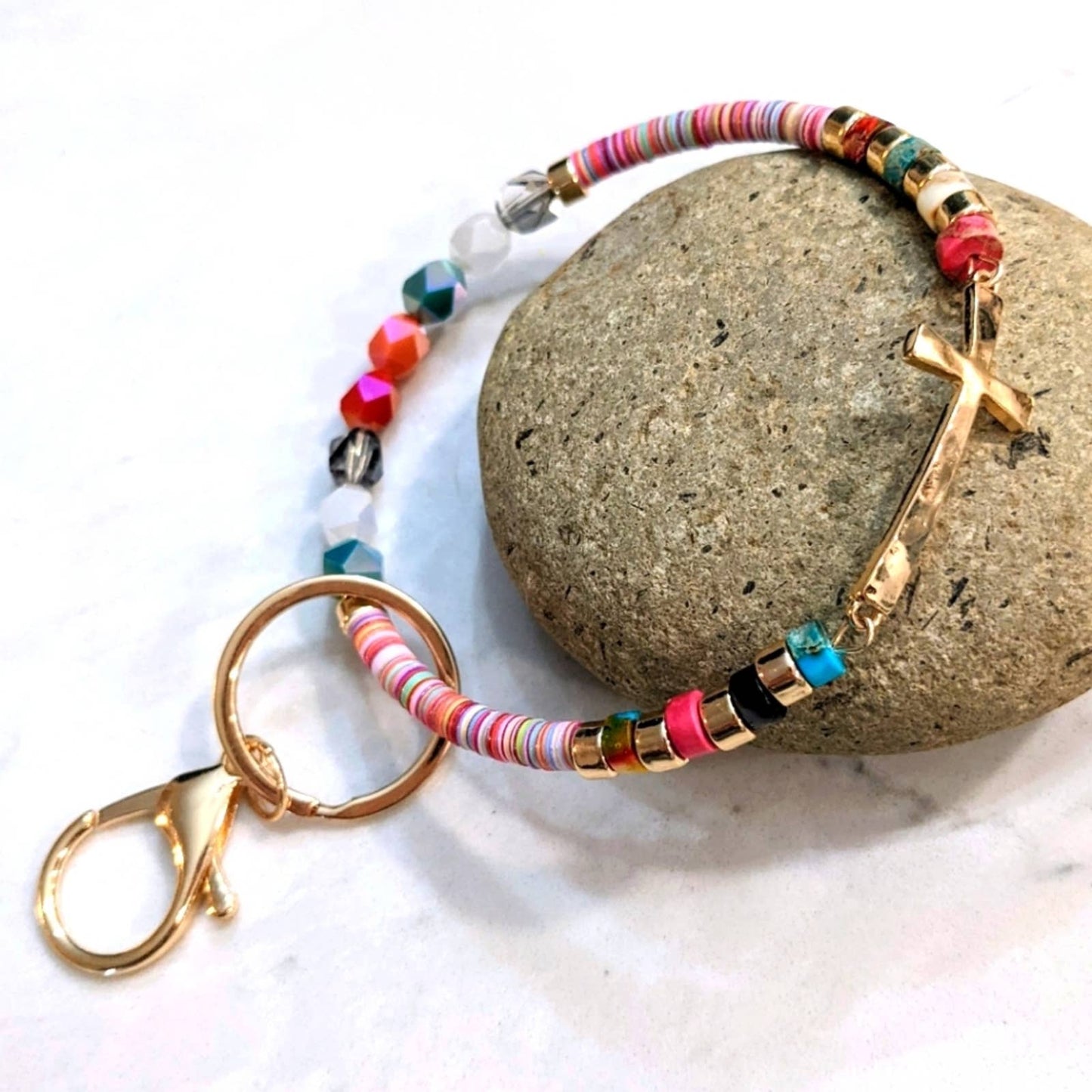 GOLD TONE CROSS Glass Bead Bracelet Style Hoop Key Chain with Closed Hook