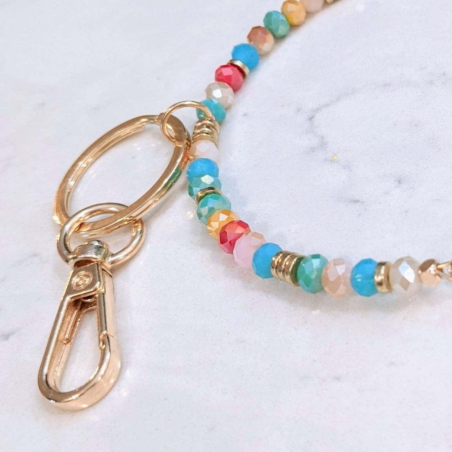 GOLD TONE CROSS Glass Bead Bracelet Style Hoop Key Chain with Closed Hook
