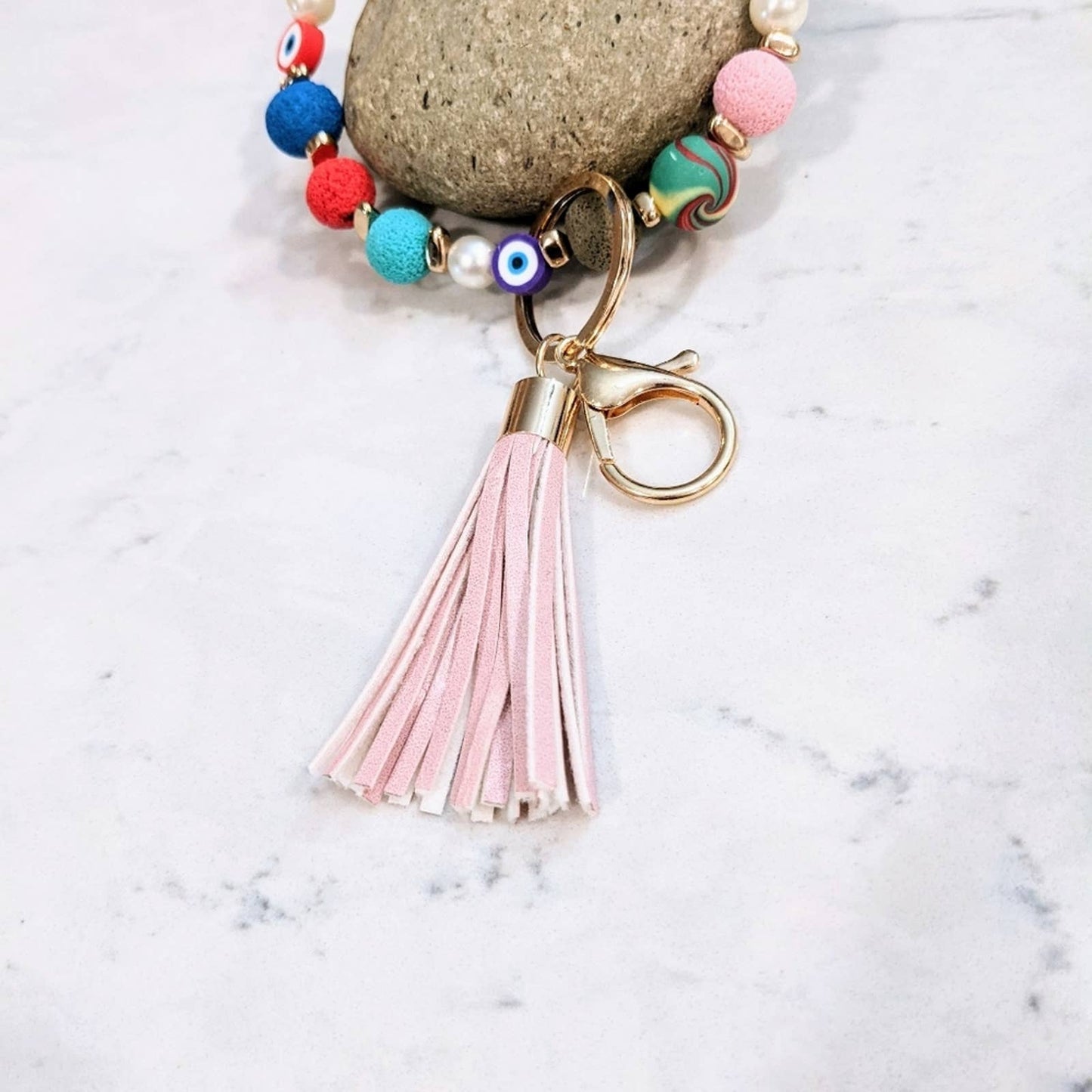 Beady Eyed Beaded Tassel Hoop Style Gold Tone Keychain