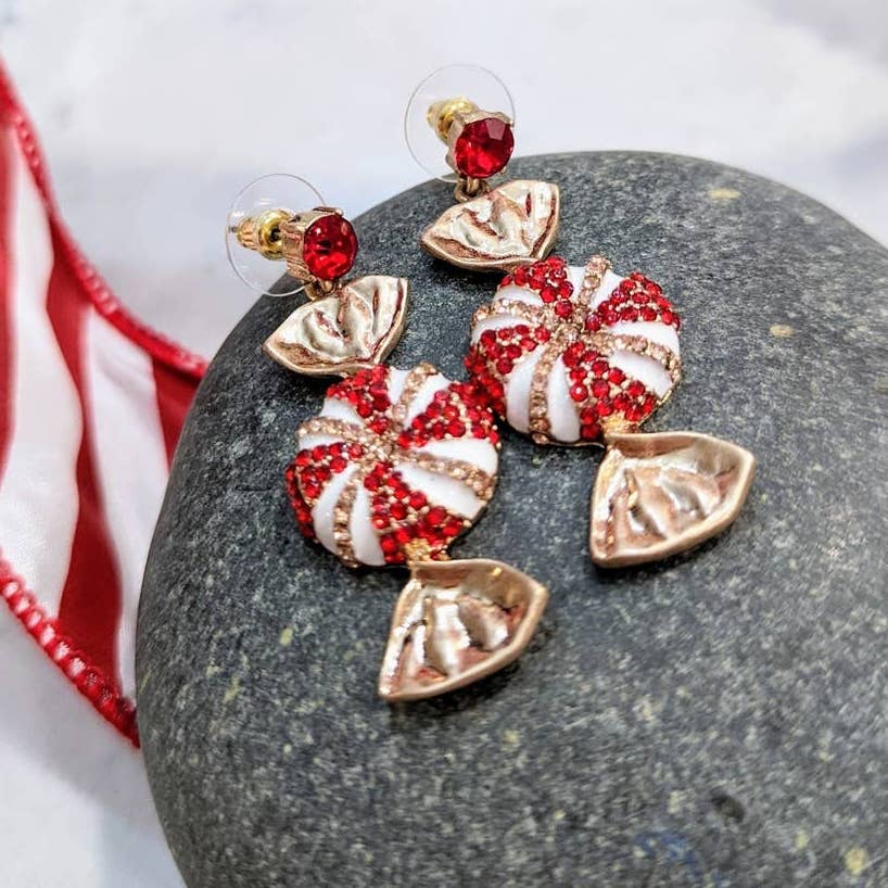 Holiday Sparkle Red and White Peppermint Dangle Post Earrings Christmas