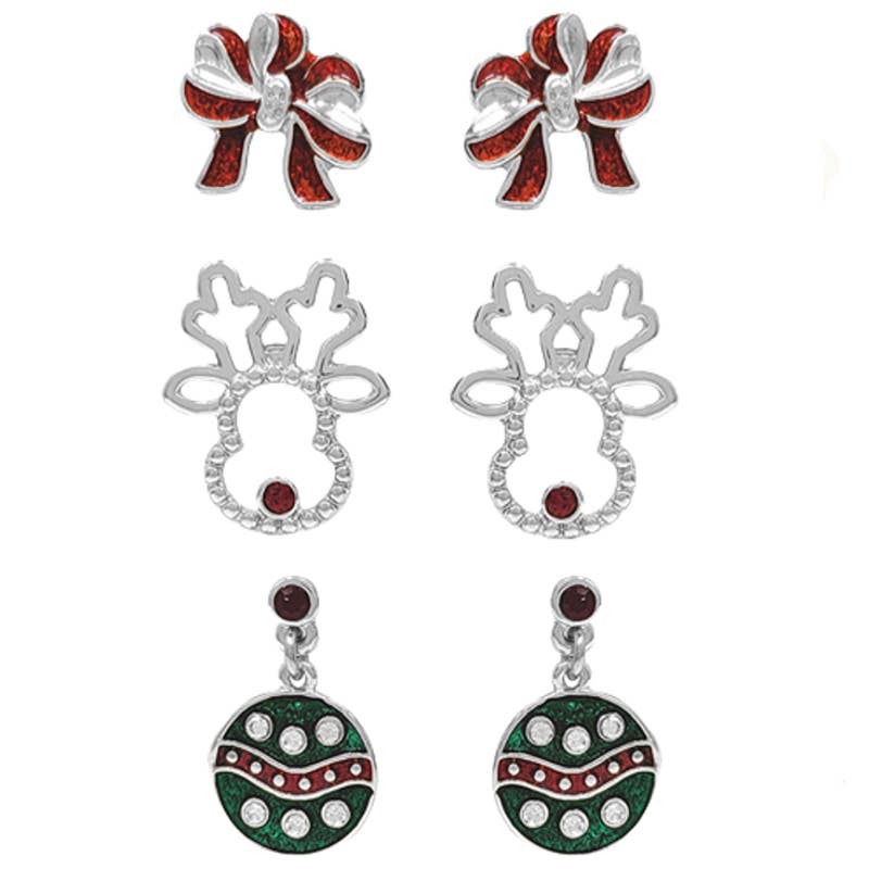 Holiday Set of 6 Post Sparkle Earrings Rudolph, Ornaments, Bows
