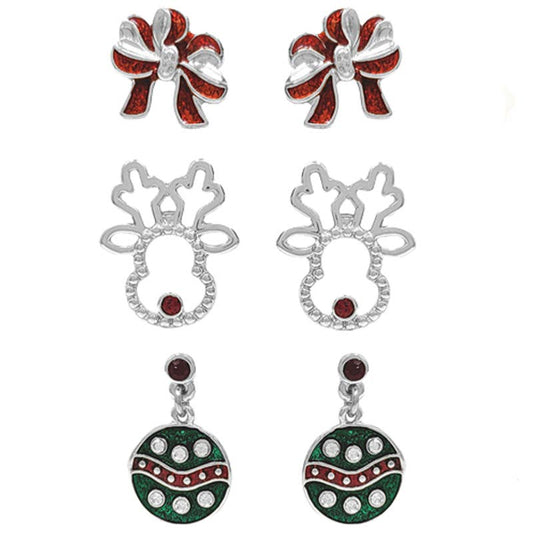 Holiday Set of 6 Post Sparkle Earrings Rudolph, Ornaments, Bows