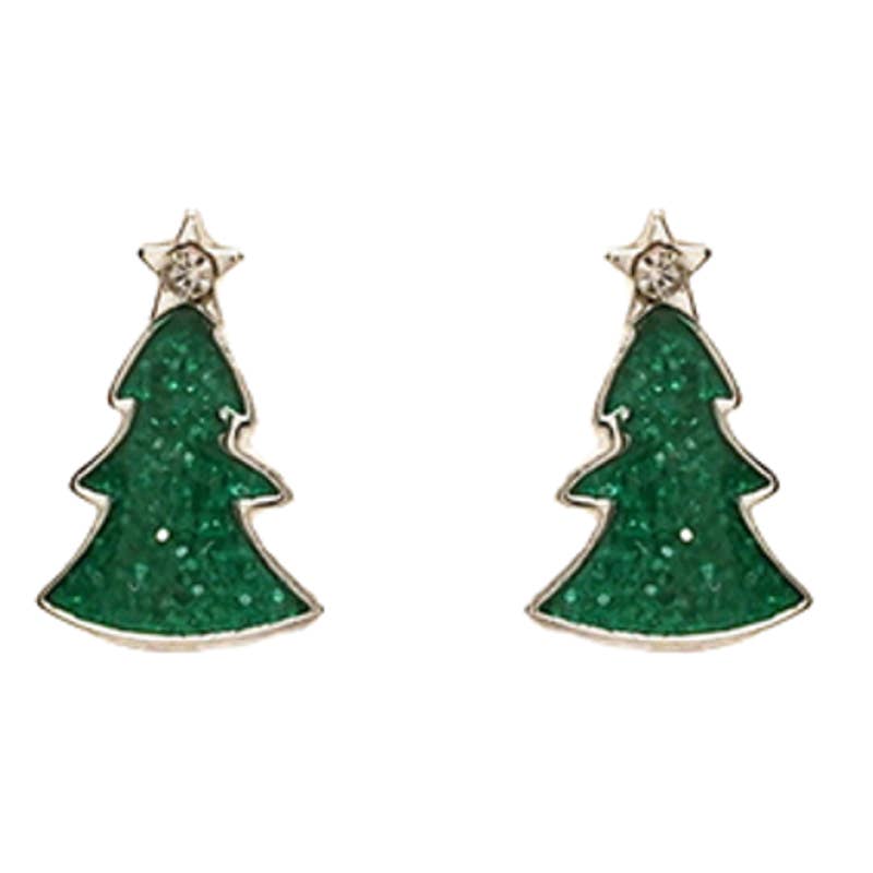 Christmas Set of Glitter Post Earrings Gift, Rudolph, Trees 3 Pair