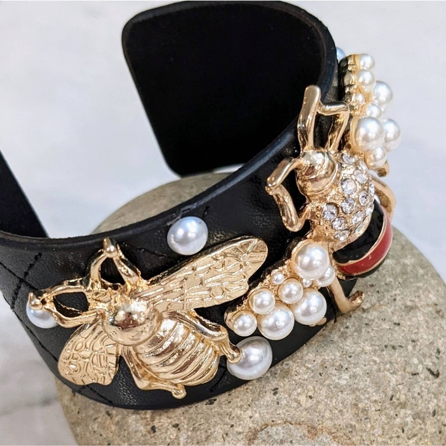 Quilted Bracelet Style Cuff Featuring Gold Tone Sparkle Bees
