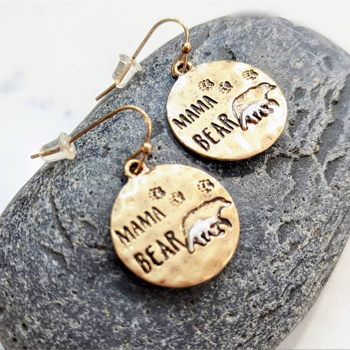 Mama Bear Bronze Silver Two-Tone Hammered Metal Disk Earrings