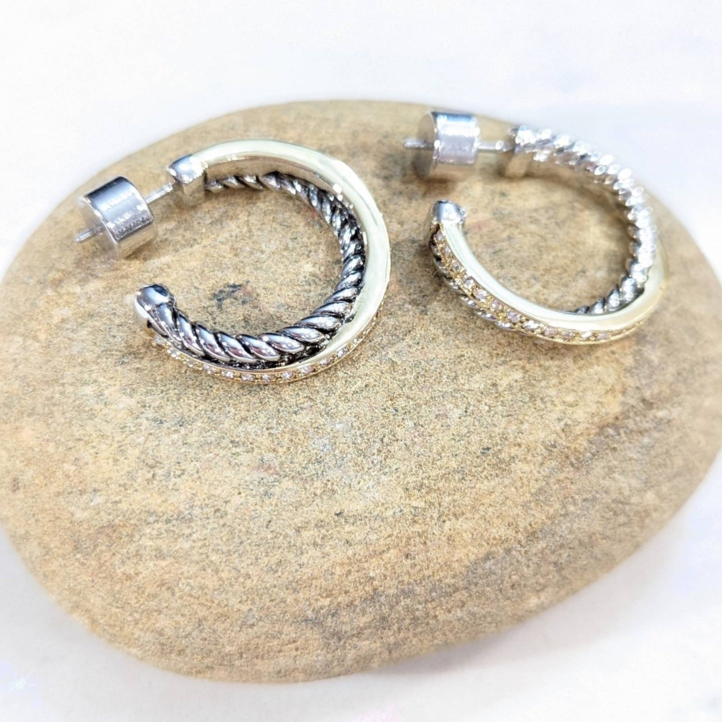 GOLD SILVER Two Tone Sparkle Twisted Rope Hoop Earrings