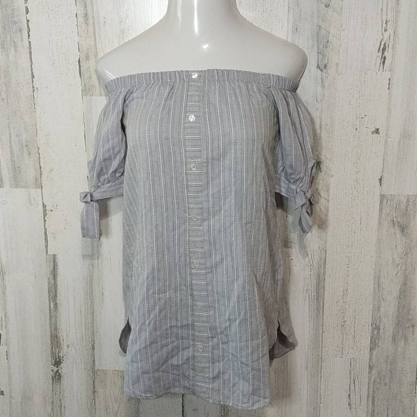 SAGE THE LABEL Blue Striped Off Shoulder Top XS