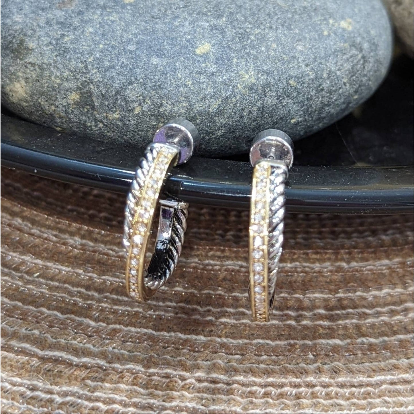 GOLD SILVER Two Tone Sparkle Twisted Rope Hoop Earrings