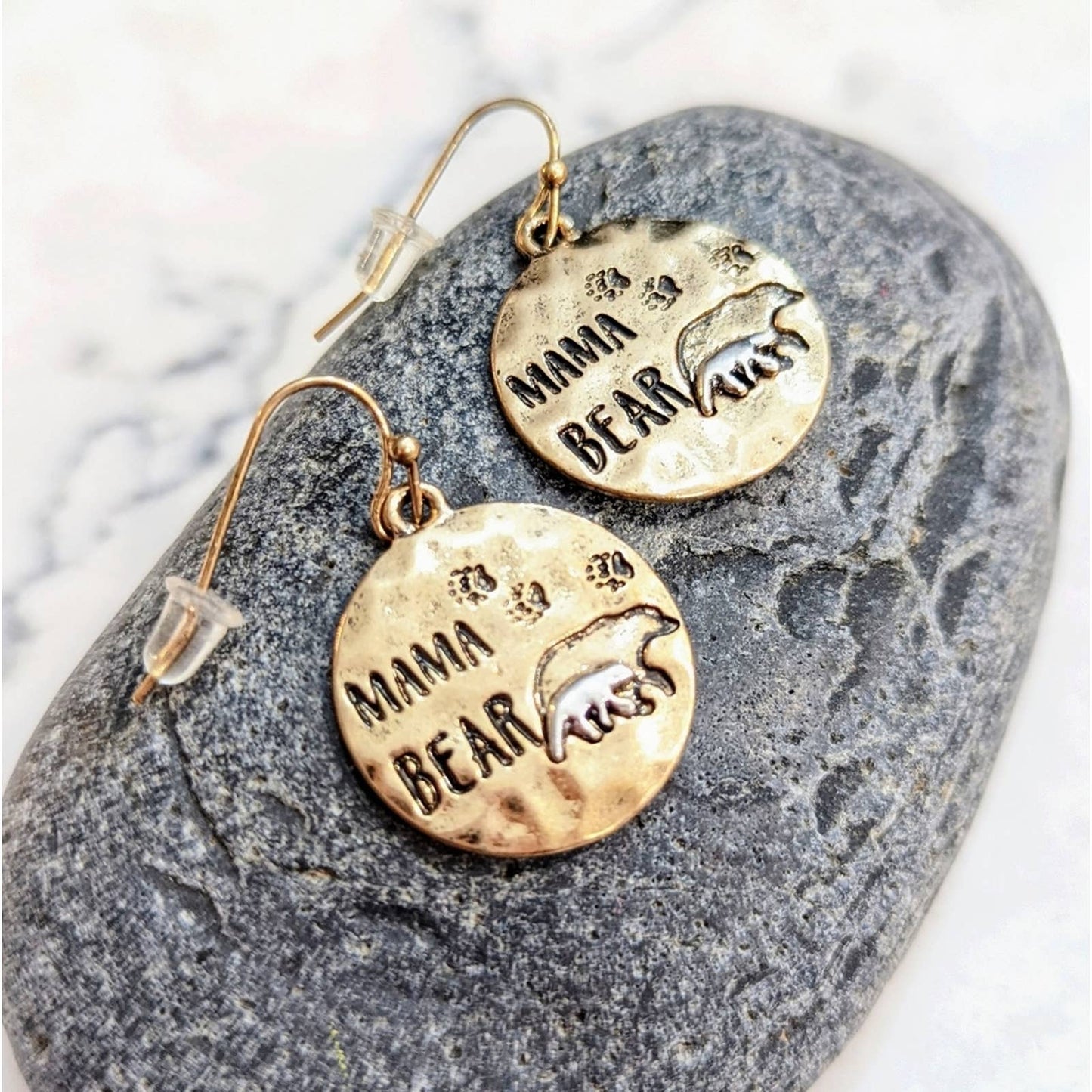 Mama Bear Bronze Silver Two-Tone Hammered Metal Disk Earrings