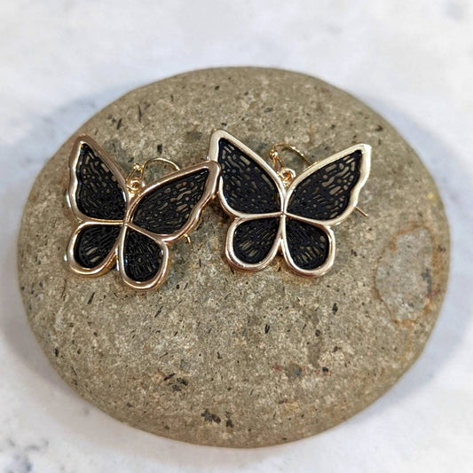 Butterly Gold and Black Filagree 3D Hook Earrings
