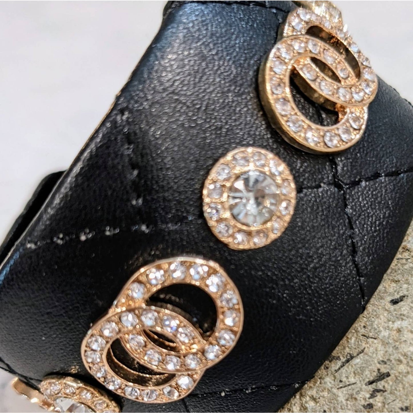 Quilted Bracelet Style Cuff Featuring Gold Tone Sparkle Interlocking Circles
