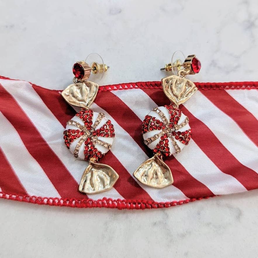 Holiday Sparkle Red and White Peppermint Dangle Post Earrings Christmas