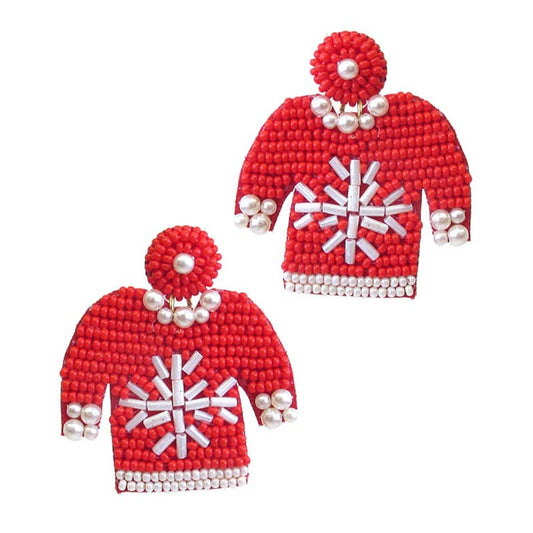 Holiday Red Beaded Snowflake "Ugly Sweater" Drop Earrings